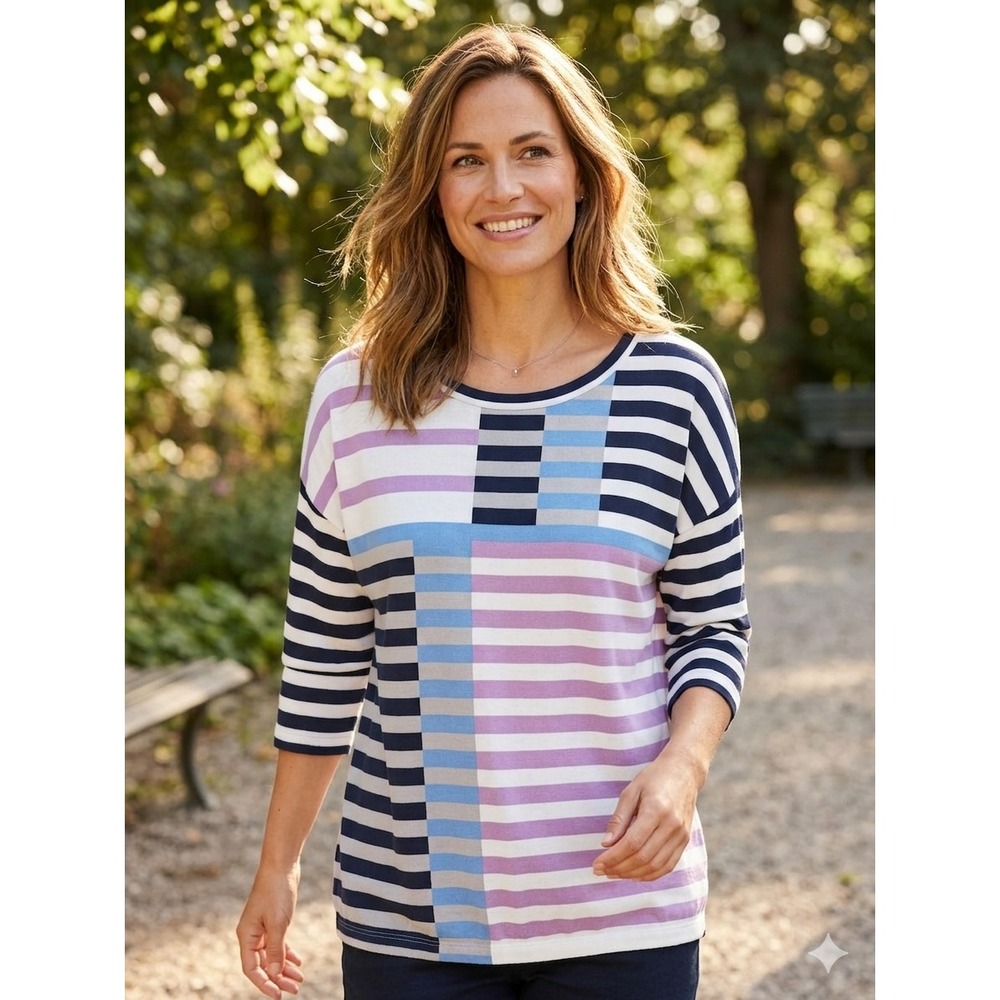 Olsen Clara Relaxed Fit Mixed Stripe Colorblock 3/4 Sleeve Top Blue Purple US 12